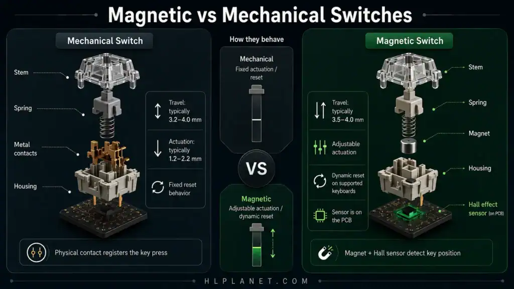 Magnetic vs mechanical keyboard switches infographic comparing fixed contact-based actuation with Hall effect magnetic sensing, adjustable actuation, dynamic reset, and PCB-mounted sensor placement.