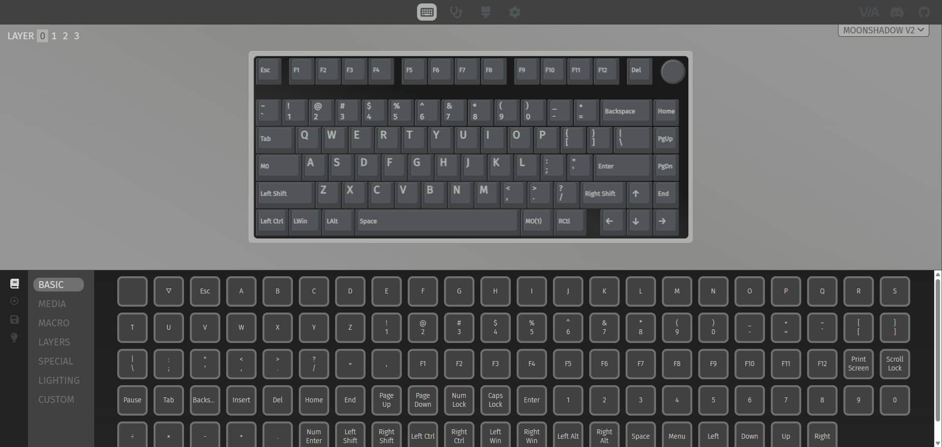 VIA software showing KiiBOOM Moonshadow V2 key mapping