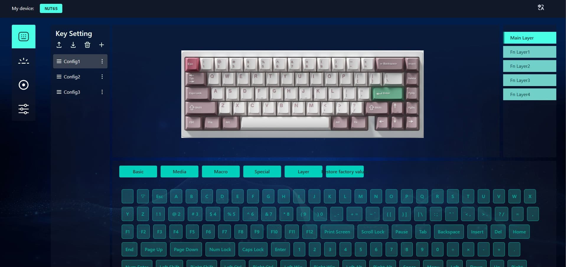 Screenshot of the Weikav NUT65 keyboard driver interface.