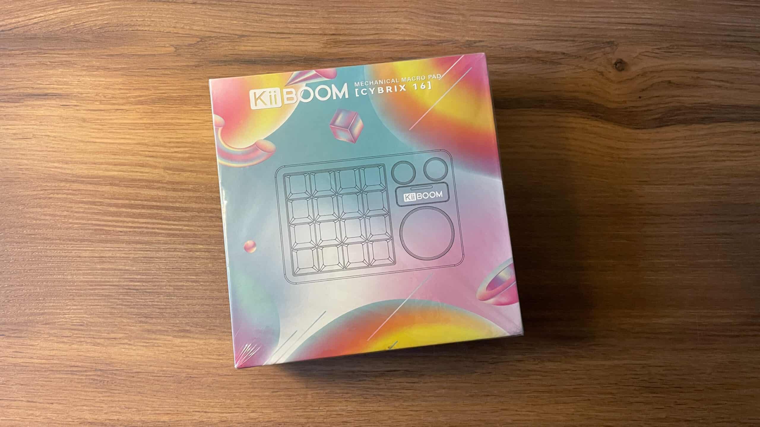 Box packaging of the KiiBOOM Cybrix 16 macropad, showing the product box design and branding