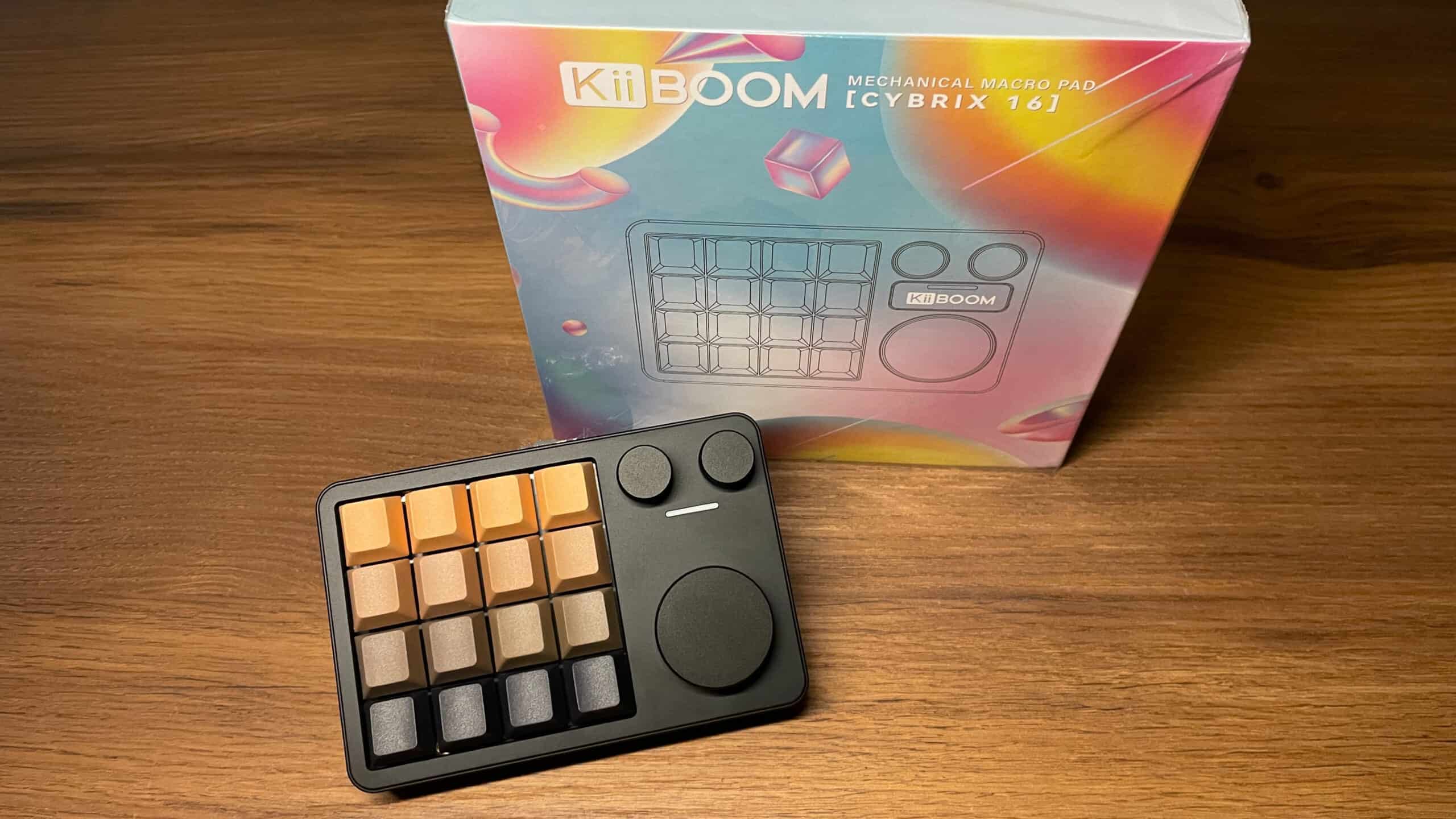KiiBOOM Cybrix 16 macropad fresh out of the box, sitting on the desk before first use.