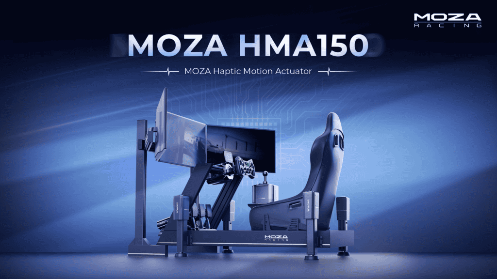 MOZA HMA150 haptic motion actuator installed under a sim racing cockpit