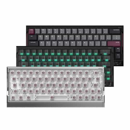 The three color options for the IQUNIX EV63 keyboard: Violet, Dark Knight, and Silver Knight.