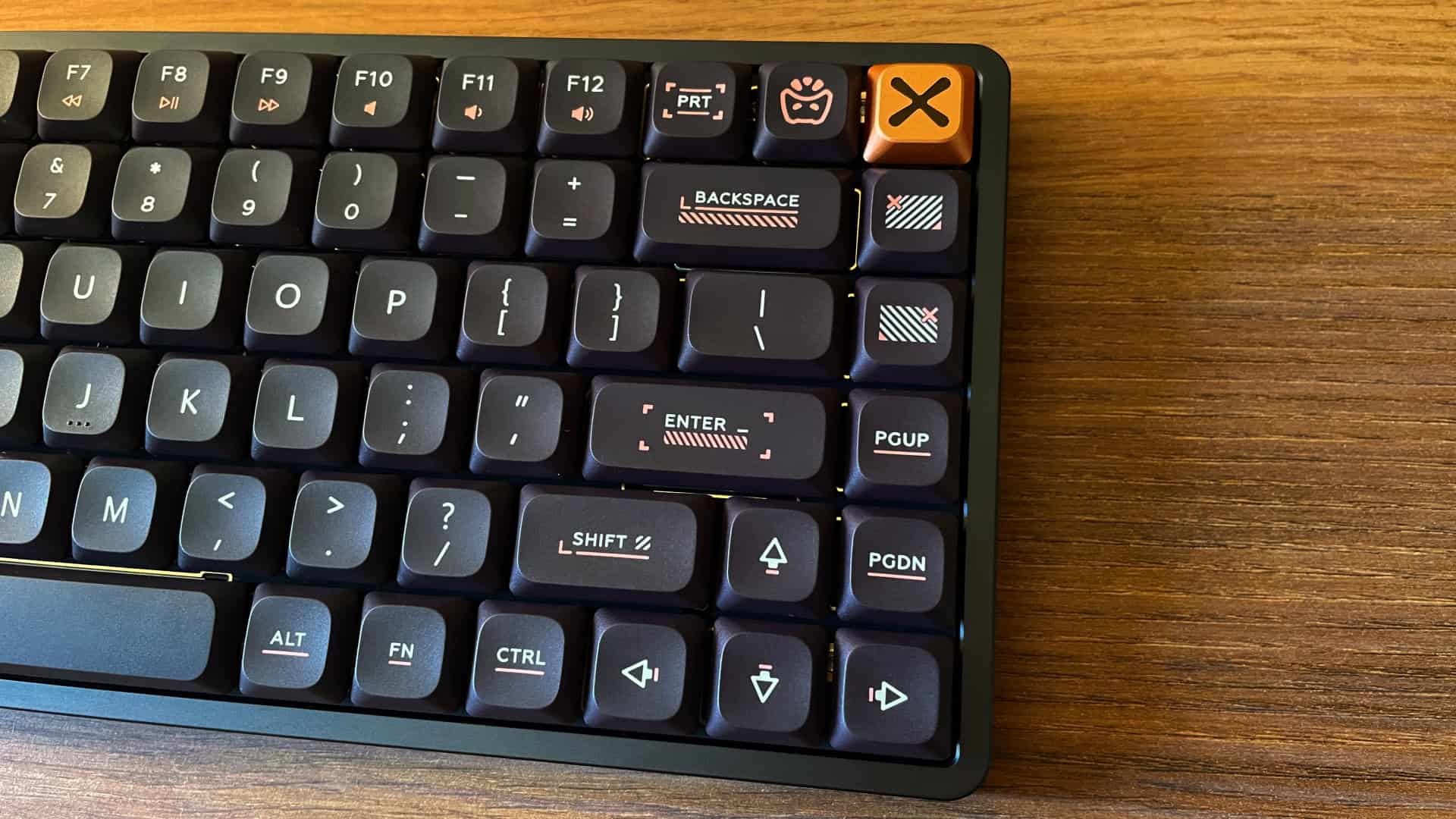 Close-up of the IQUNIX Magi75 mechanical keyboard keycaps, showing their texture, profile, and finish.