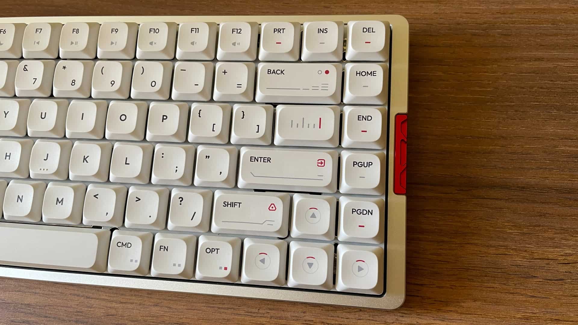Close-up of the IQUNIX MQ80 mechanical keyboard keycaps, showing their texture, profile, and finish.