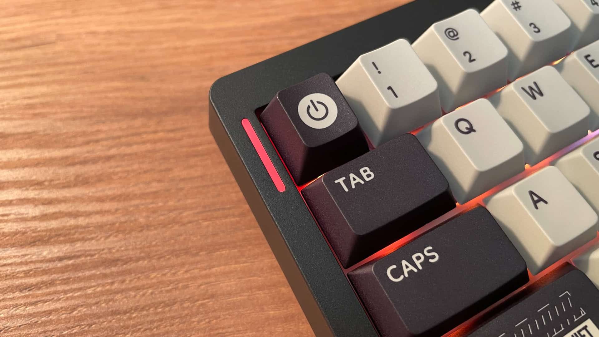 Close-up of the Epomaker Hack59 mechanical keyboard showing the decorative LED light strip integrated into the case design.