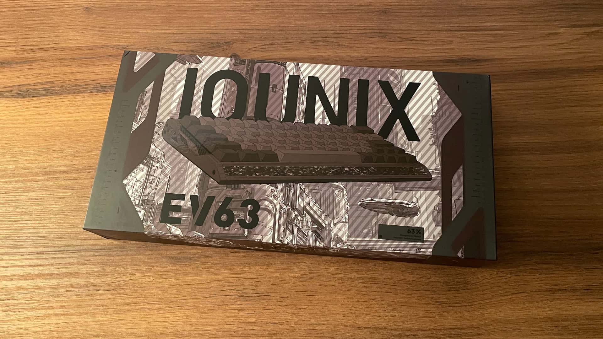The product box in which the IQUNIX EV63 mechanical keyboard is supplied.