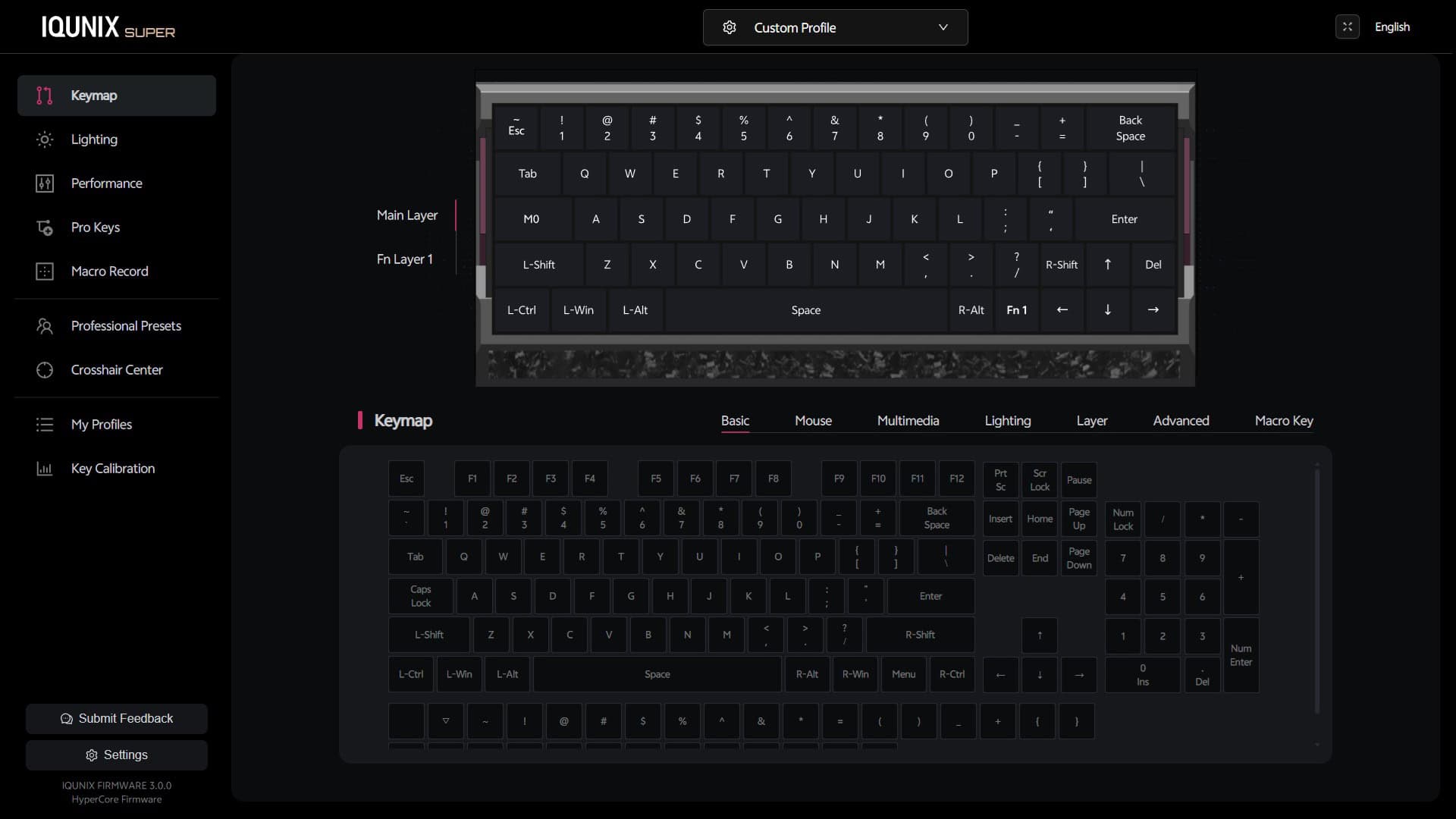 Screenshot of the IQUNIX EV63 software showing the Keymap tab, where keys can be remapped across two customizable layers for personalized layout configuration.