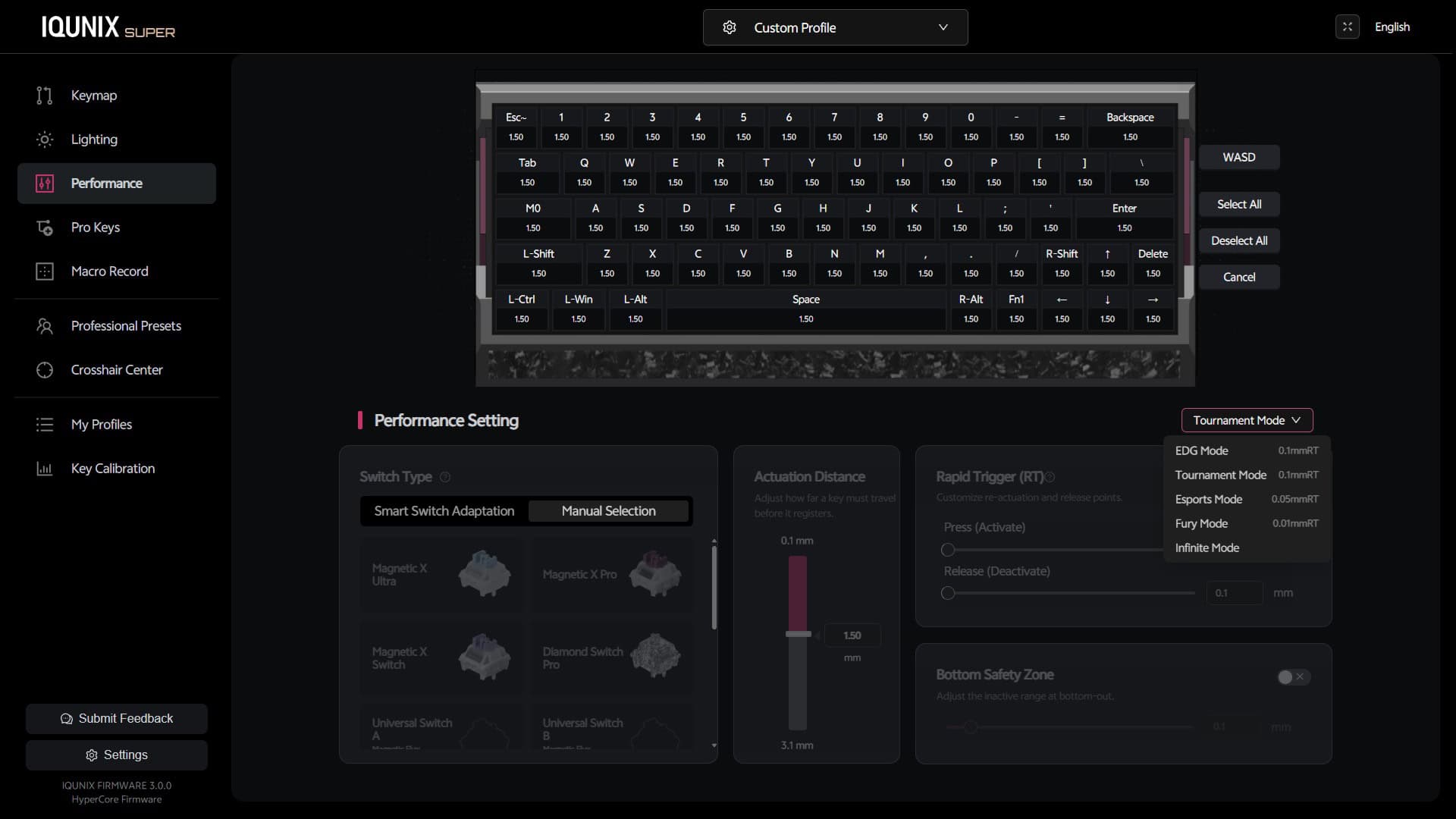 Screenshot of the IQUNIX EV63 software Performance tab showing options for switch selection, per-key configuration, actuation point adjustment, Rapid Trigger settings, and performance mode selection.