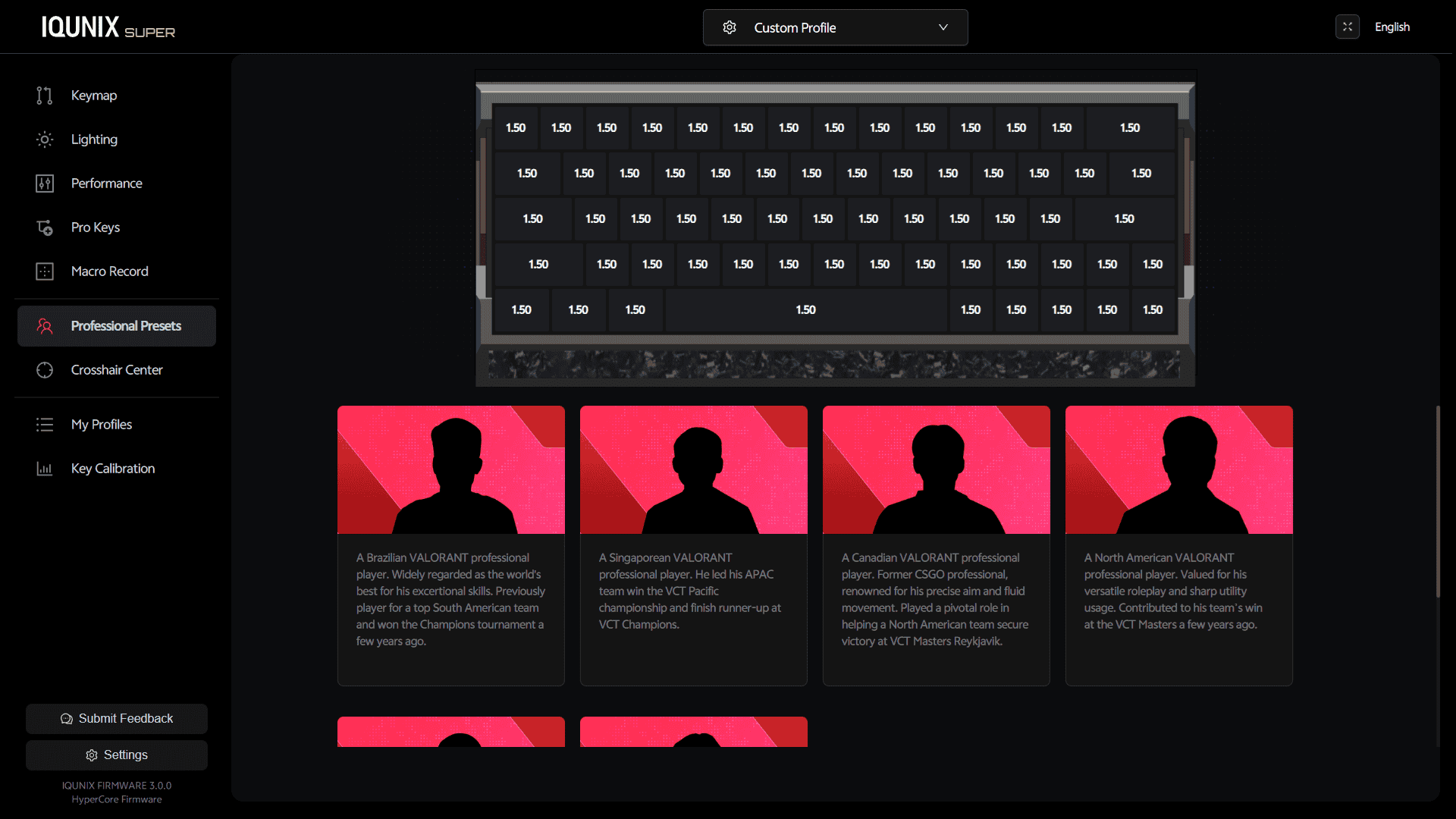 Screenshot of the IQUNIX EV63 software showing the Professional Presets tab with selectable pre-made configuration profiles inspired by professional players, allowing one-click application of competitive settings.