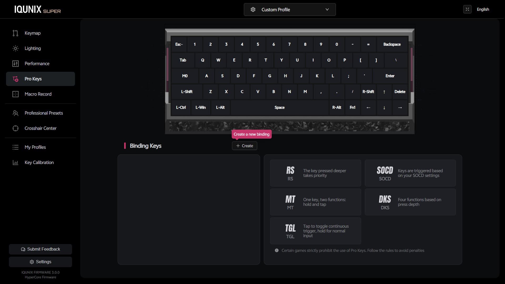 Screenshot of the IQUNIX EV63 software Pro Keys tab showing advanced gaming features such as Rappy Snappy, SOCD modes, DKS, TGL, and Mod Tap configuration options.