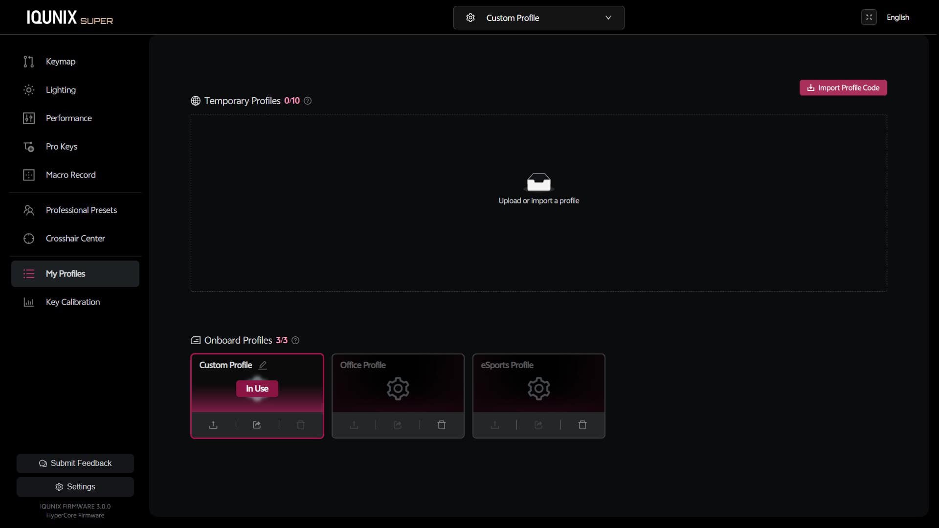 Screenshot of the profile customization tab for the IQUNIX EV63 keyboard software, showing profile management and configuration settings.