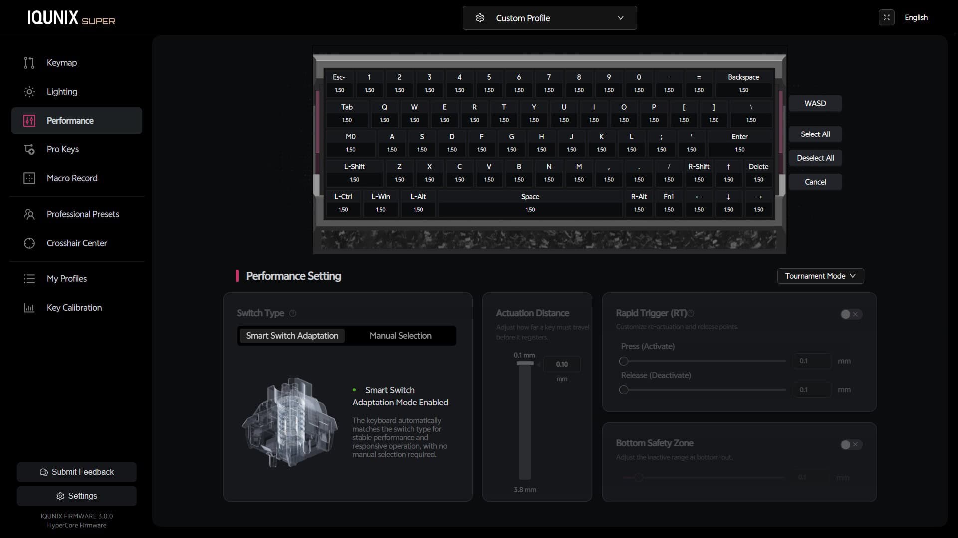 Screenshot showing the Smart Switch Adaptation feature in the IQUNIX EV63 keyboard software.