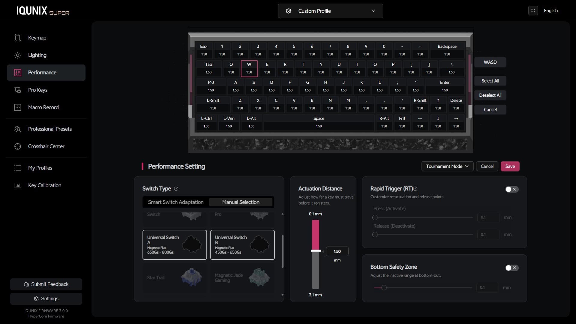 Screenshot of the IQUNIX EV63 software showing the switch selector with Universal Switch A and Universal Switch B options, including magnetic flux ranges for each type.