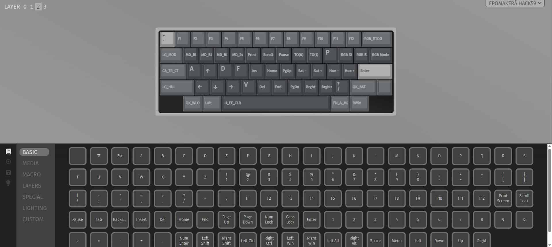 Screenshot of the default function layer keymap for the Epomaker Hack59 mechanical keyboard in VIA.