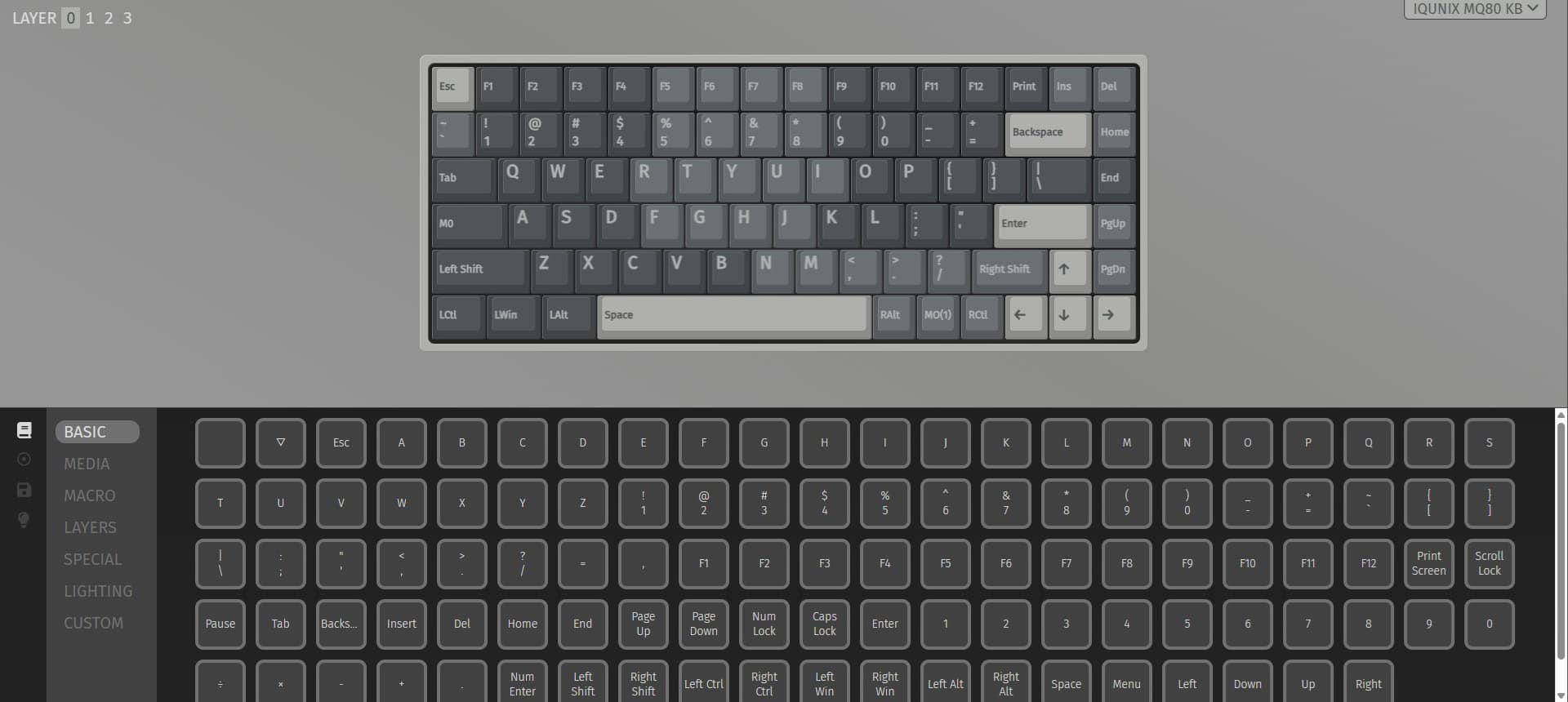 Screenshot of the IQUNIX MQ80 keyboard’s default key layout in VIA software, displaying the standard configuration for customization.