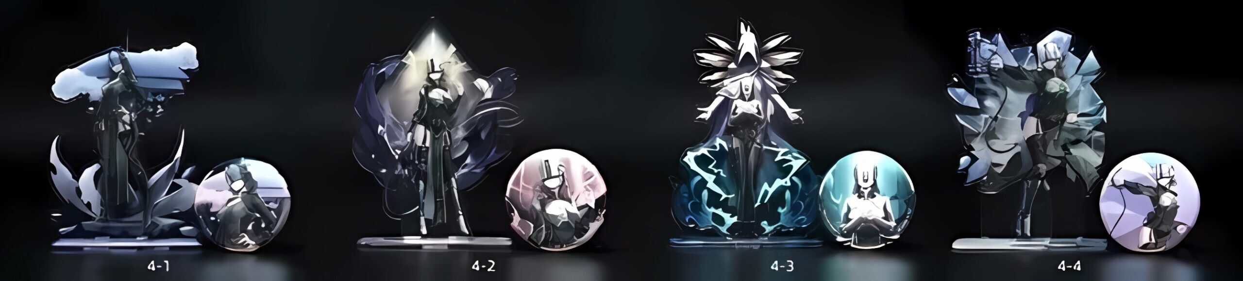 All four available acrylic character standee and pin-back button designs that can be included with the ZD Classic Legend Ling Cage Limited Edition controller, displayed together for comparison.