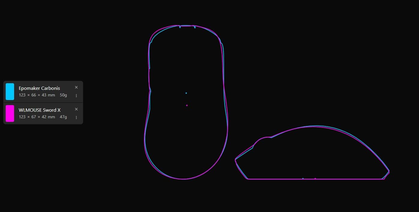 Side-by-side comparison of the Epomaker Carbonis and WLMOUSE Sword X gaming mice showing differences in overall shape and ergonomics.