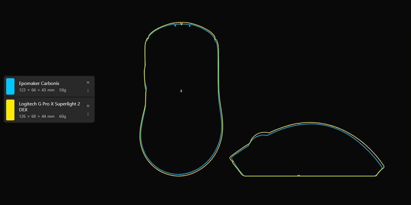 Side-by-side comparison of the Epomaker Carbonis and Logitech G Pro X Superlight 2 Dex gaming mice showing differences in overall shape and ergonomics.