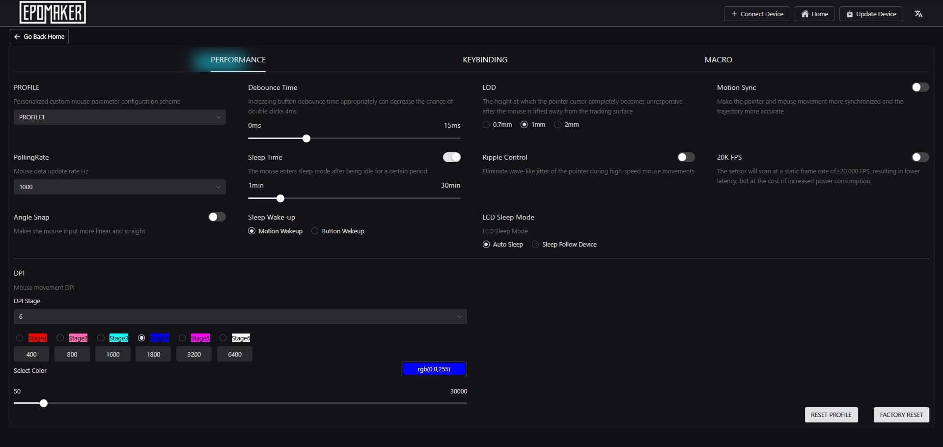 Screenshot of the Epomaker Carbonis software showing the Performance tab with mouse performance and polling rate settings.