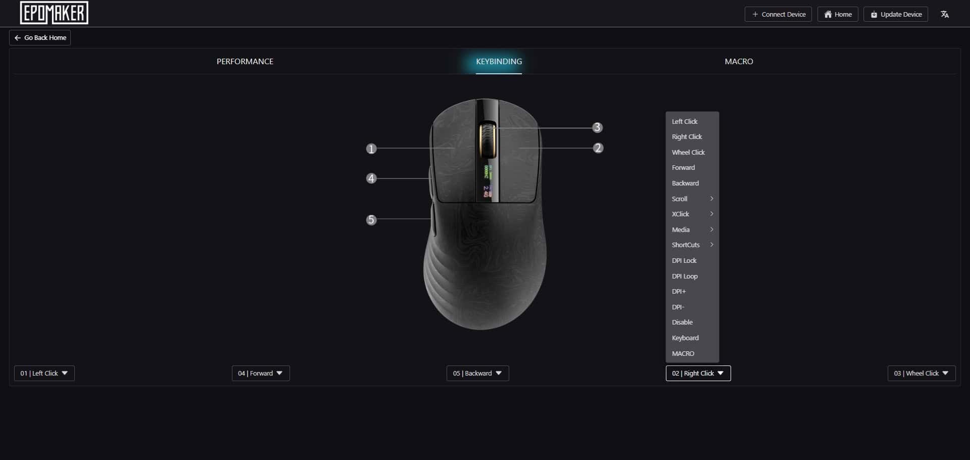 Screenshot of the Epomaker Carbonis software showing the Keybinding tab for customizing mouse button assignments.