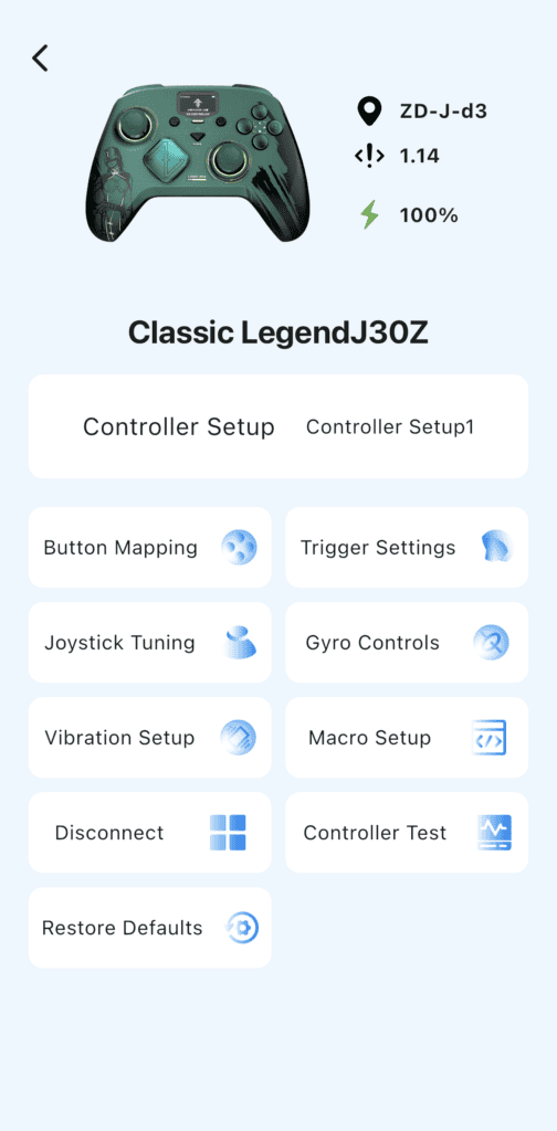 Screenshot of the main home screen of the controller configuration software for the ZD Classic Legend Ling Cage Limited Edition, showing the primary dashboard and available settings sections.