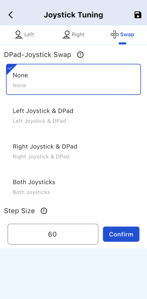 Screenshot of the controller configuration software showing the step size setting used for fine-tuning input sensitivity on the ZD Classic Legend Ling Cage Limited Edition controller.
