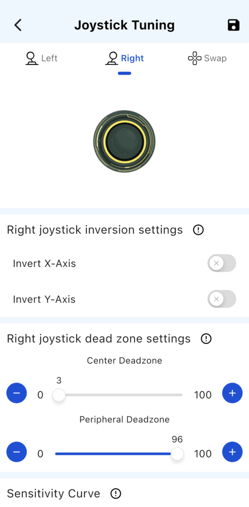 Screenshot of the controller configuration software showing peripheral deadzone settings used to fine-tune analog stick responsiveness on the ZD Classic Legend Ling Cage Limited Edition controller.