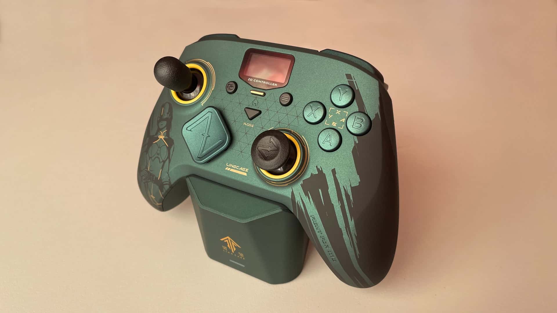 Close-up of the controller with optional interchangeable thumbsticks installed, showing their shape, texture, and fit.
