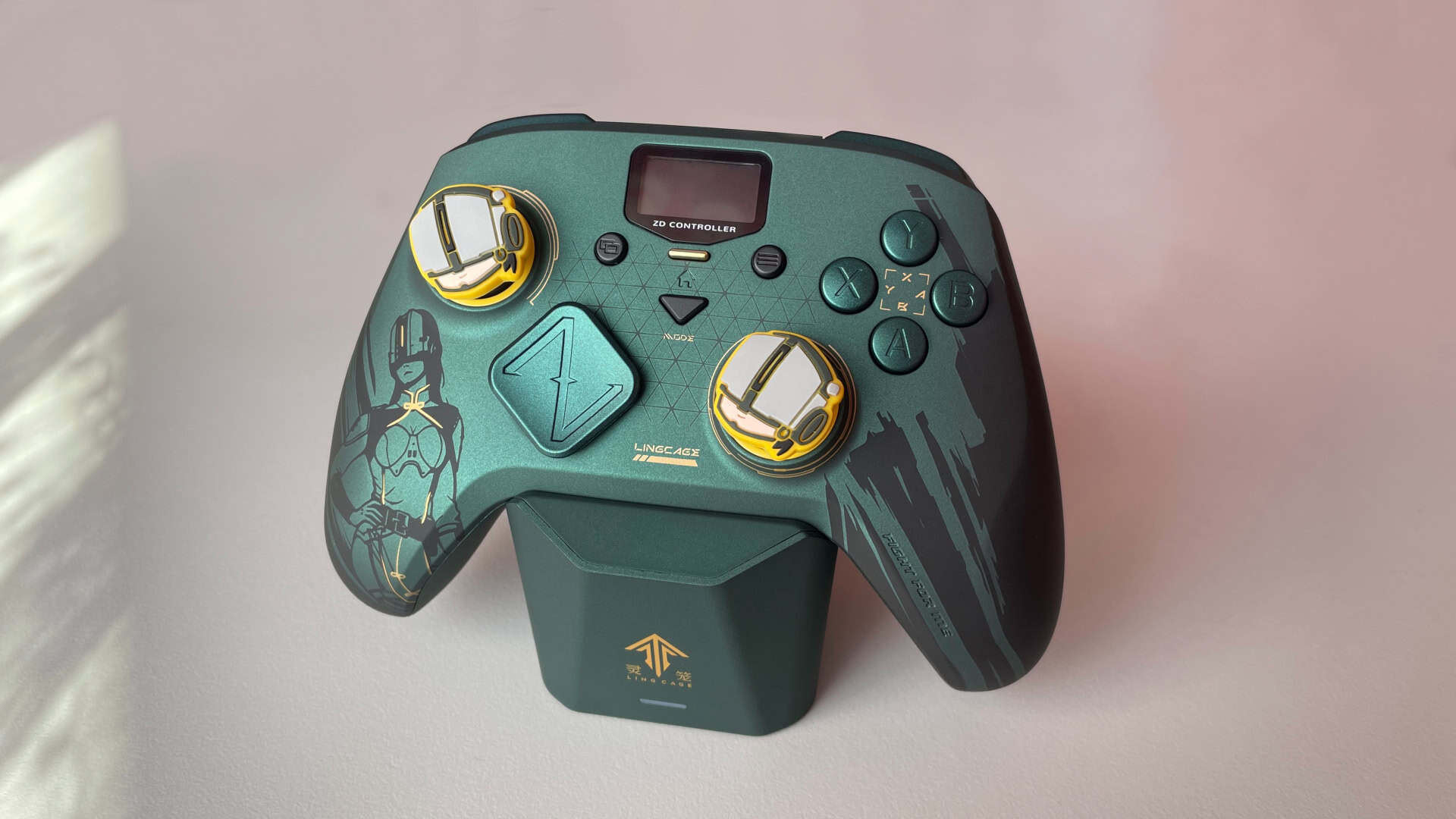 Close-up of the ZD Classic Legend Ling Cage Limited Edition controller with themed thumb grips attached to the analog sticks, highlighting their textured design and enhanced grip.