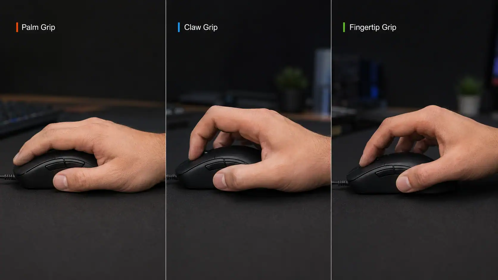 Comparison of palm, claw, and fingertip mouse grips showing hand positions on a black gaming mouse.