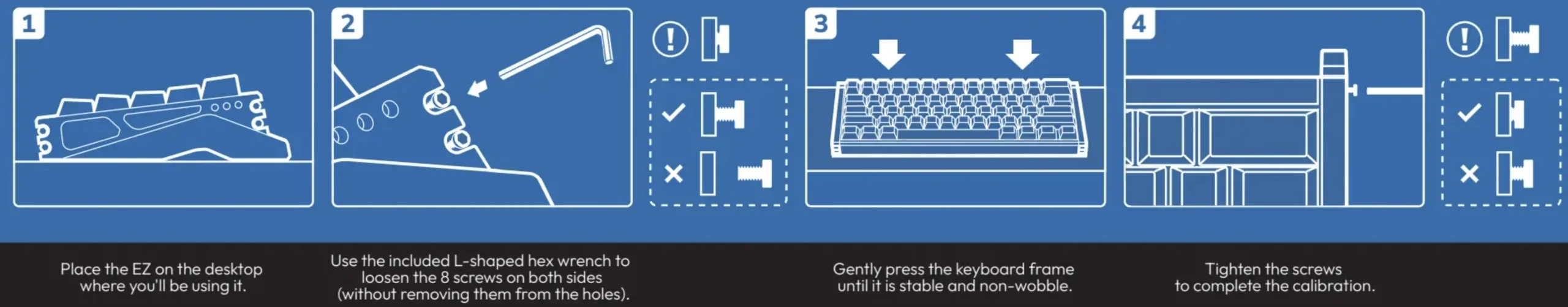 Official IQUNIX illustration showing how to eliminate keyboard wobble by loosening the side screws, pressing the keyboard against the desk, and tightening the screws again.