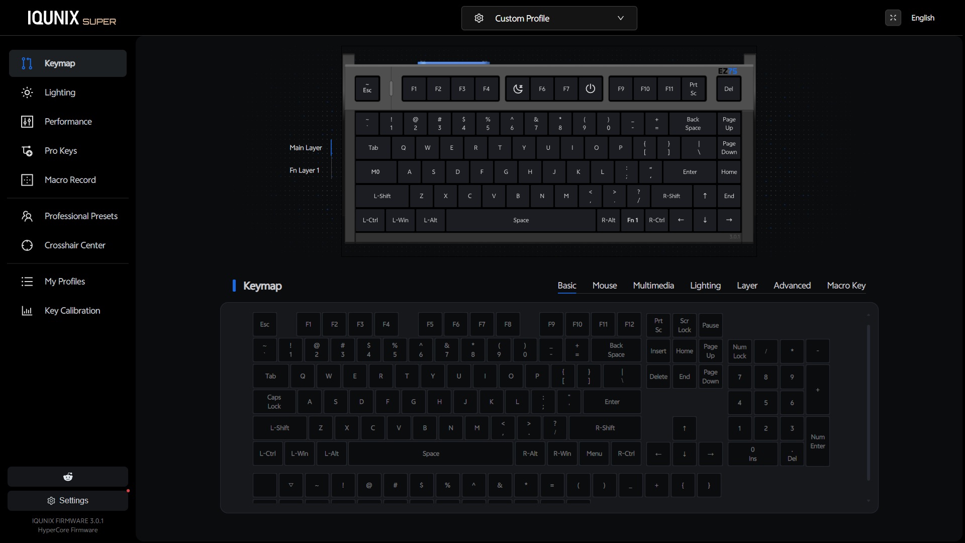 IQUNIX EZ75 Review – Gaming Performance Without Compromise 18 IQUNIX EZ 3.0 web software showing the Keymap tab for remapping keys and assigning keyboard functions.