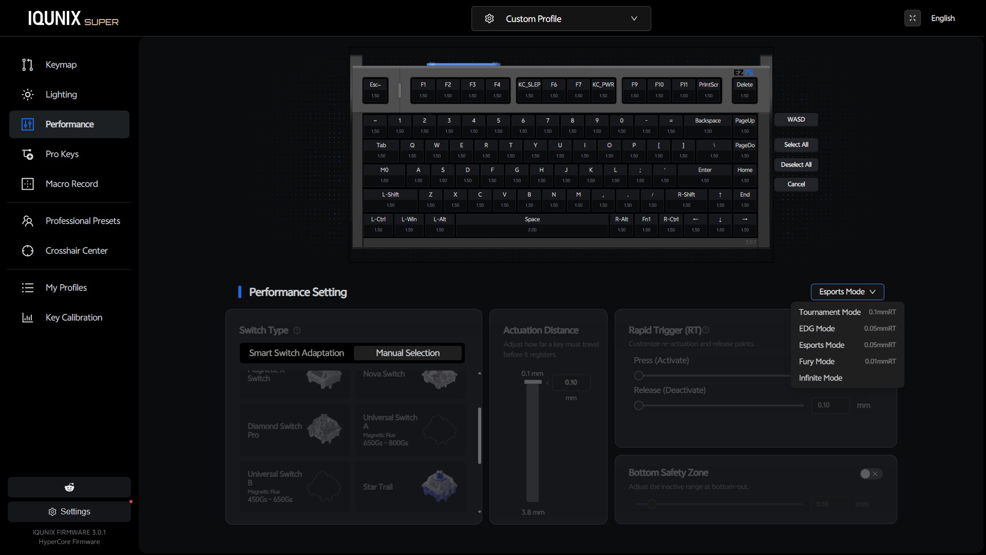 IQUNIX EZ75 Review – Gaming Performance Without Compromise 19 IQUNIX EZ 3.0 web software showing the Performance tab with Hall Effect keyboard settings such as actuation, Rapid Trigger, and other performance options.