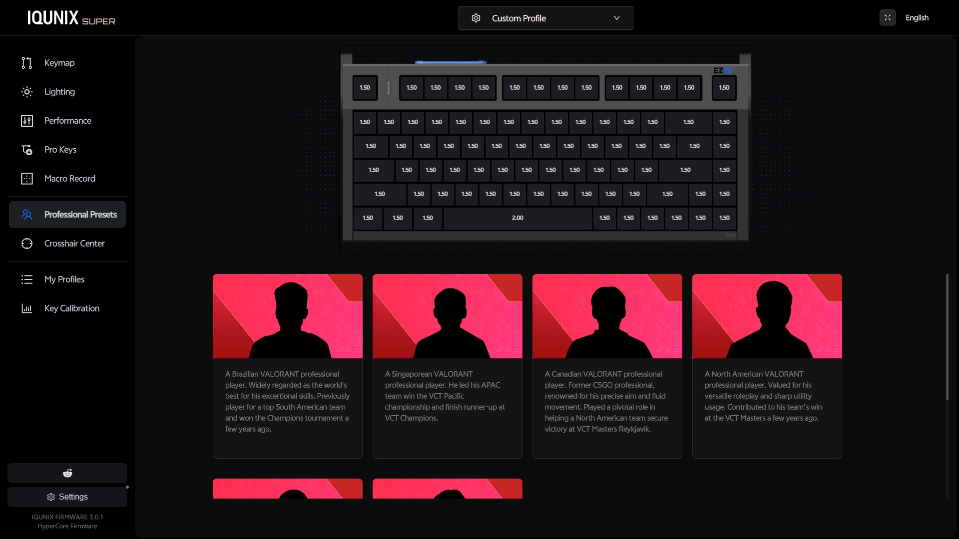IQUNIX EZ75 Review – Gaming Performance Without Compromise 22 IQUNIX EZ 3.0 web software showing the Professional Presets tab with predefined keyboard profiles optimized for different games and use cases.