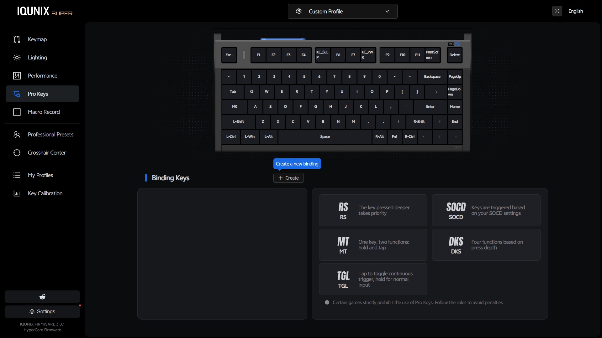 IQUNIX EZ75 Review – Gaming Performance Without Compromise 21 IQUNIX EZ 3.0 web software showing the Pro Keys tab with advanced key configuration options for Hall Effect switches.