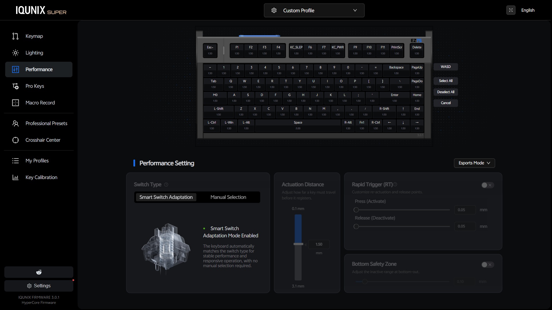 IQUNIX EZ75 Review – Gaming Performance Without Compromise 20 IQUNIX EZ 3.0 web software showing the Smart Switch Adaptation with settings for Hall Effect switch behavior and key sensitivity.