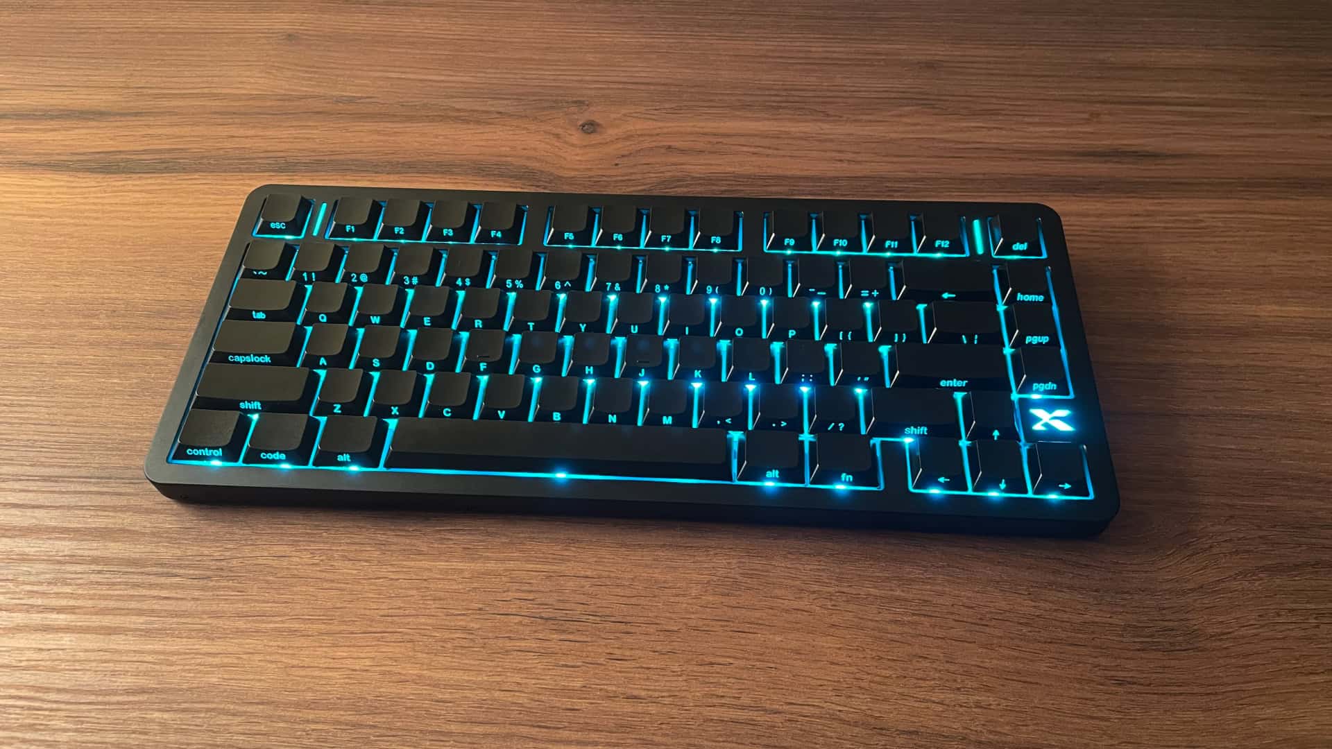 XVX L75 Air low-profile mechanical keyboard photographed from an angle that highlights its compact layout, slim profile, and minimalist design.