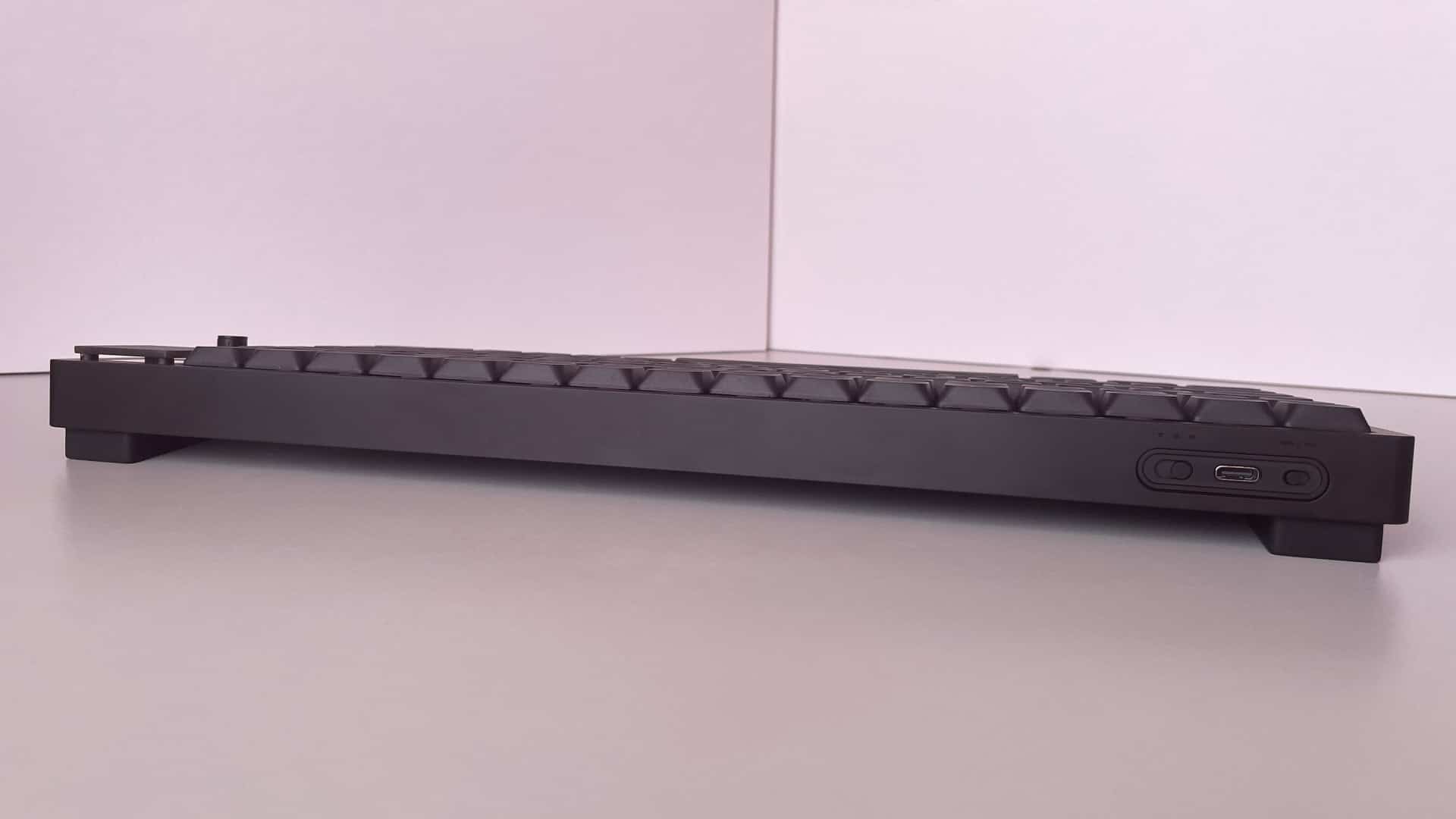 Rear view of the ATK Yogo 75 Pro low-profile mechanical keyboard showing the back edge and design details.