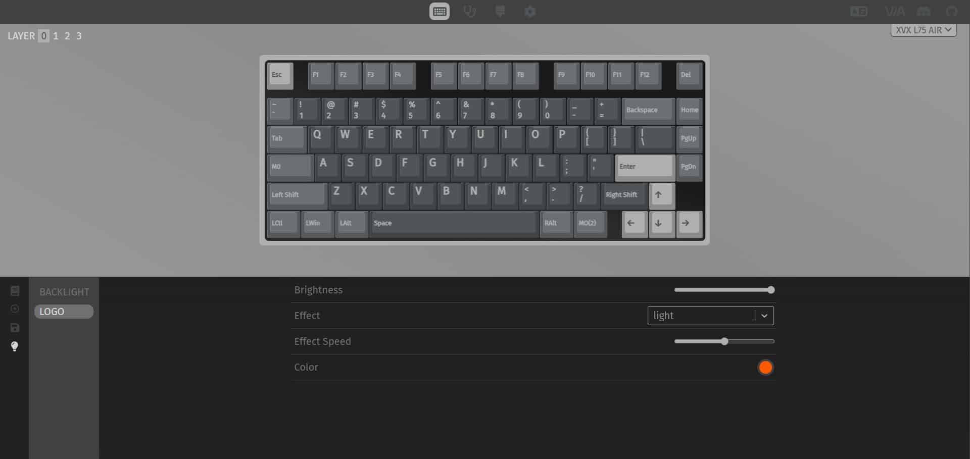 Screenshot of the VIA configurator showing the default key layout for the XVX L75 Air mechanical keyboard.