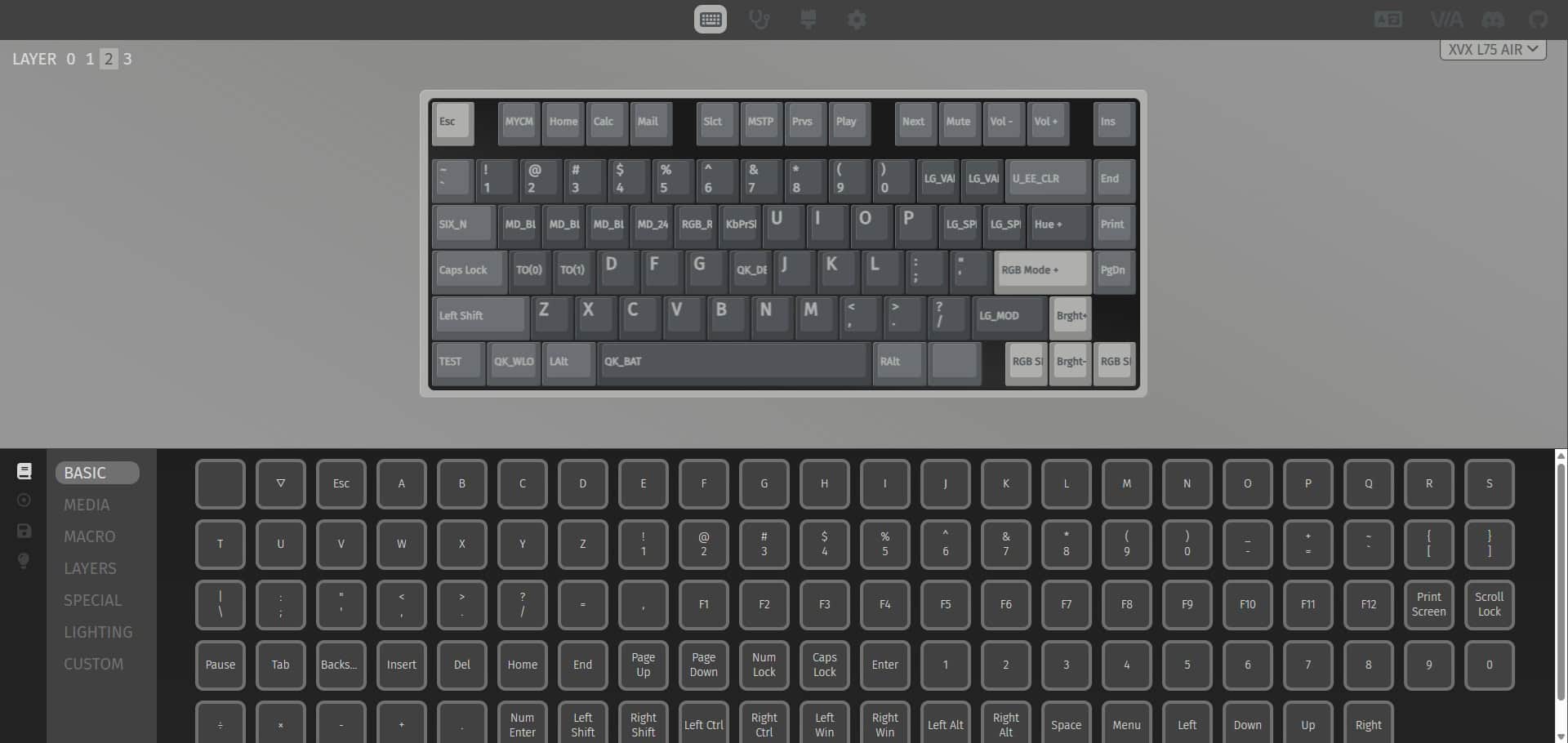 Screenshot of the VIA configurator showing the XVX L75 Air Fn layer key assignments and secondary functions.
