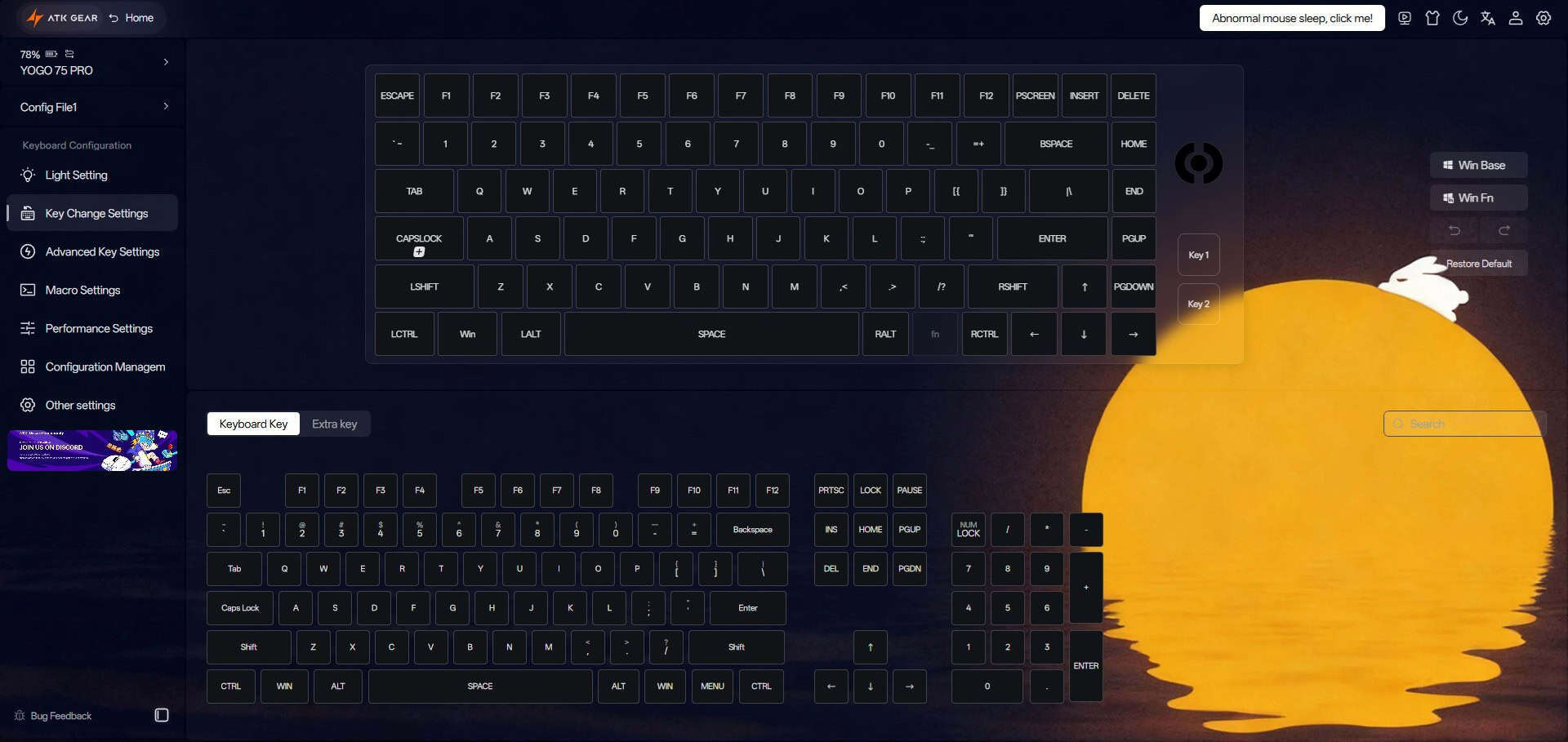 Screenshot of the ATK Yogo 75 Pro software showing the key remapping interface for customizing keyboard shortcuts and assignments.