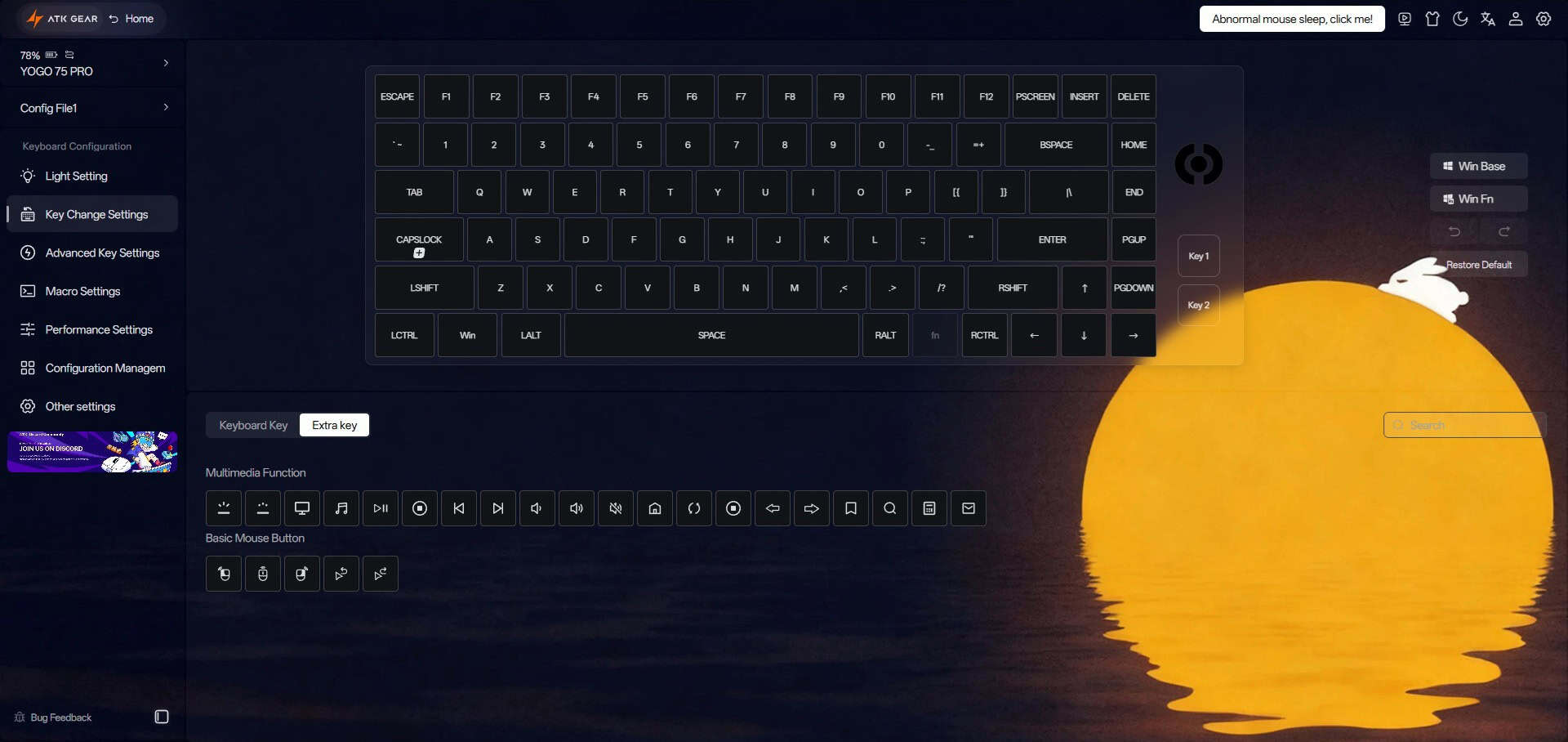 Screenshot of the ATK Yogo 75 Pro software showing the key remapping interface for customizing keyboard shortcuts and assignments.