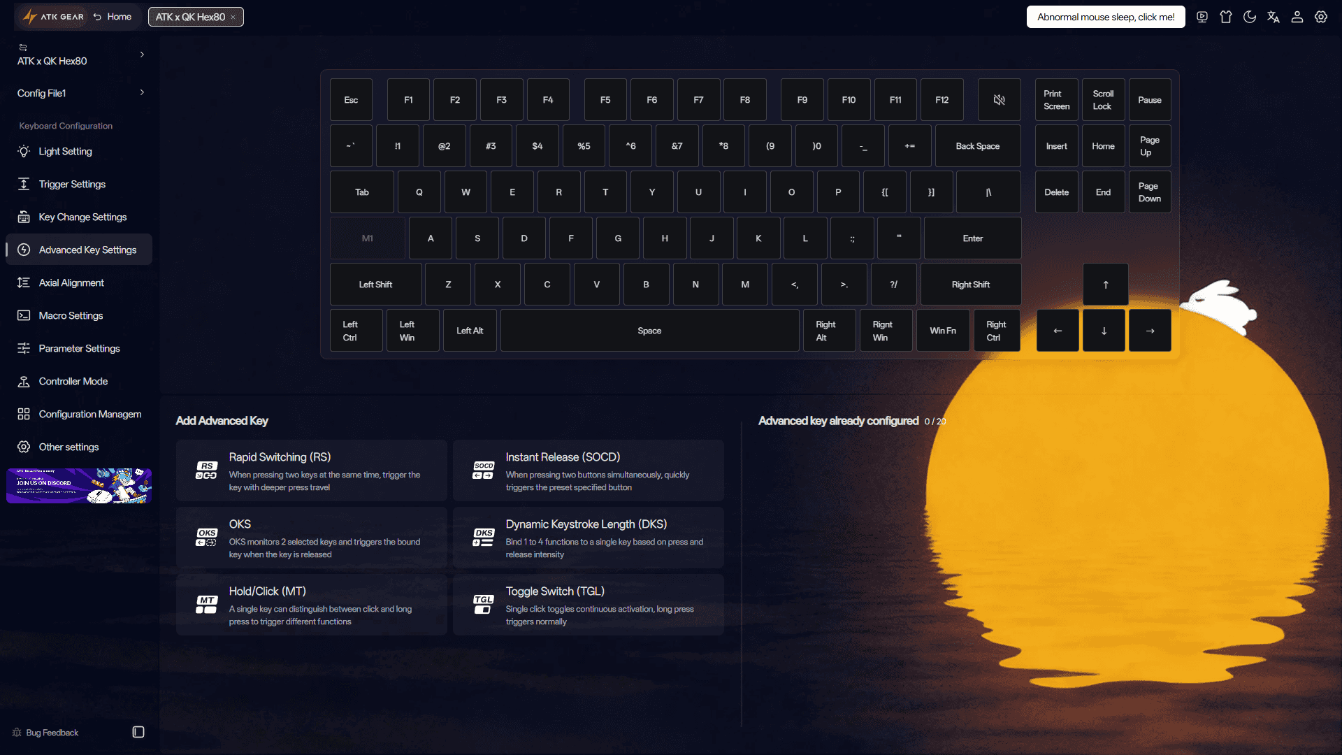 The Advanced Key Settings tab in the ATK x QwertyKeys Hex80 software, showing advanced key configuration options.