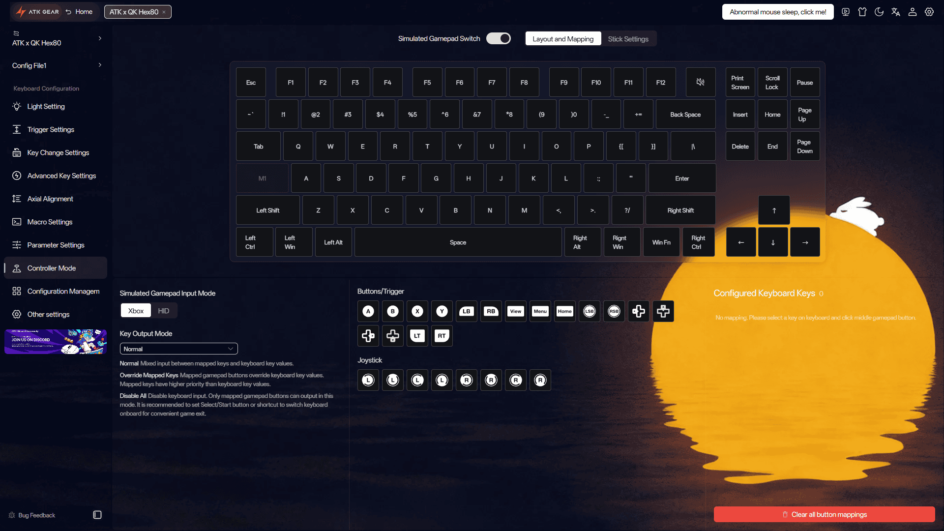 The Controller Mode tab in the ATK x QwertyKeys Hex80 software, showing the available controller mode settings.