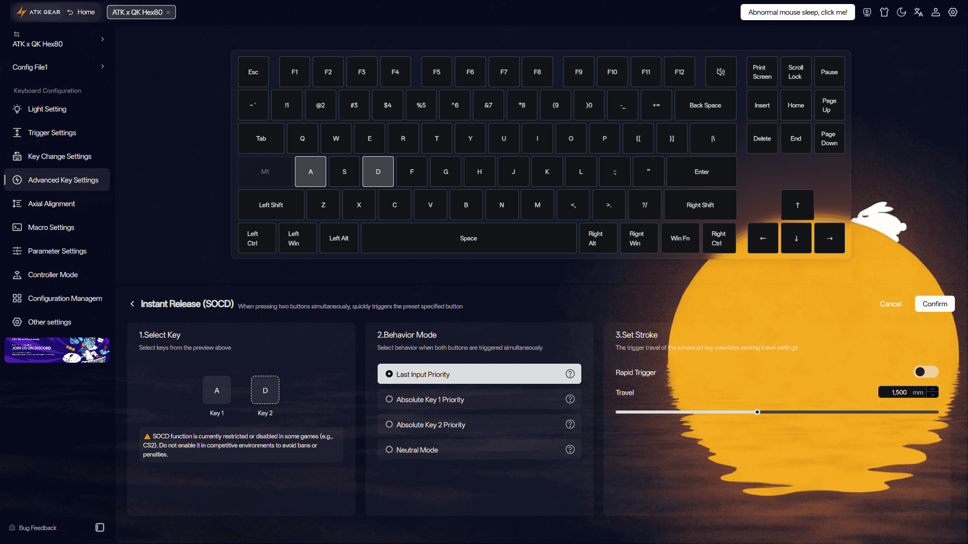 The SOCD settings page in the ATK x QwertyKeys Hex80 software, showing the available SOCD configuration options.