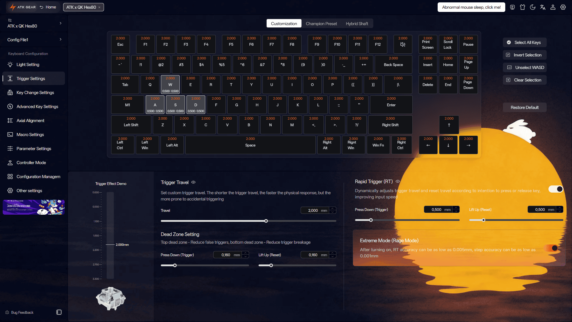The Trigger Settings tab in the ATK x QwertyKeys Hex80 software.