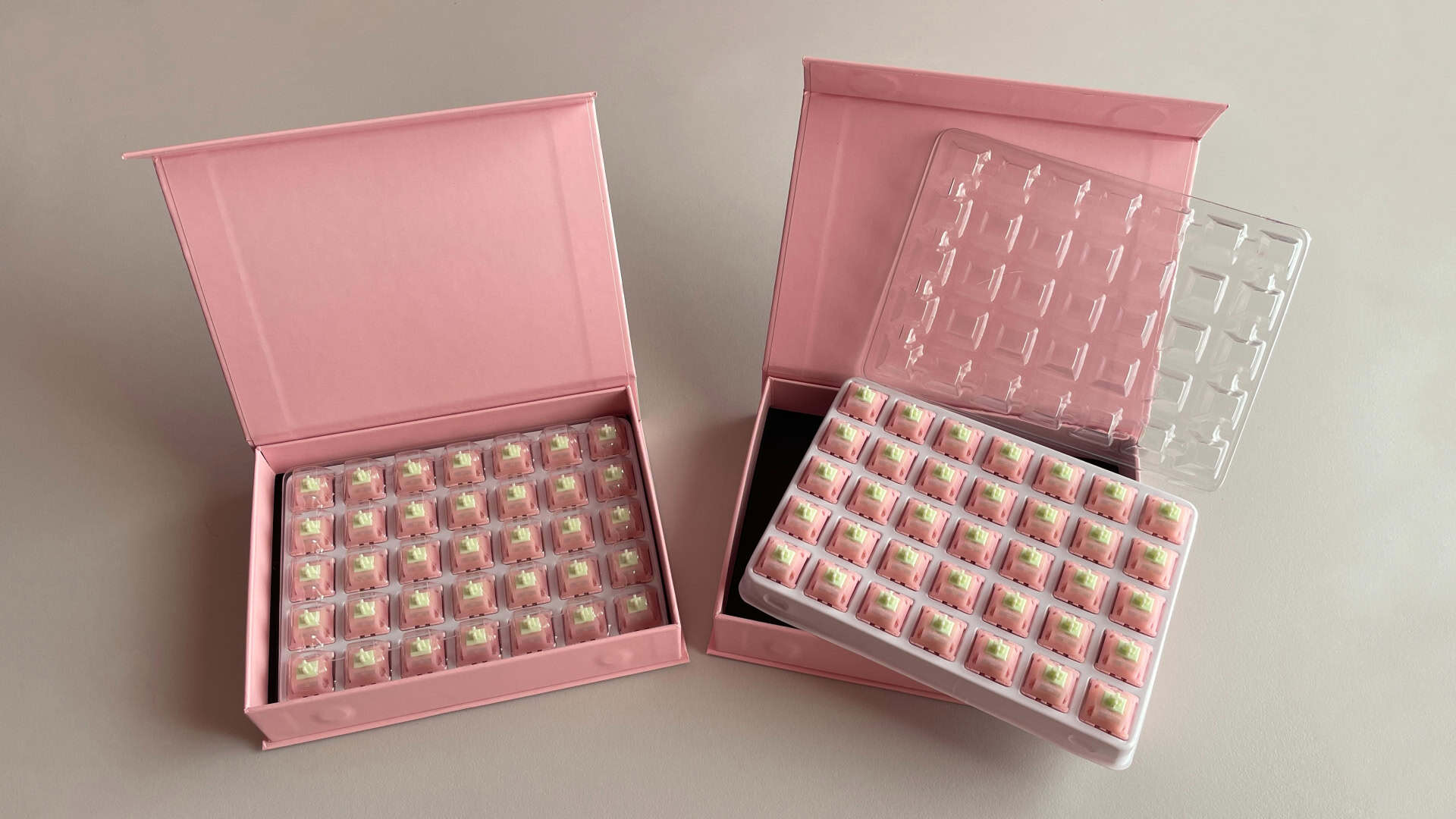 The box packaging used for the KiiBoom x Strawberryjam1986 Strawberry Jello mechanical keyboard switches.