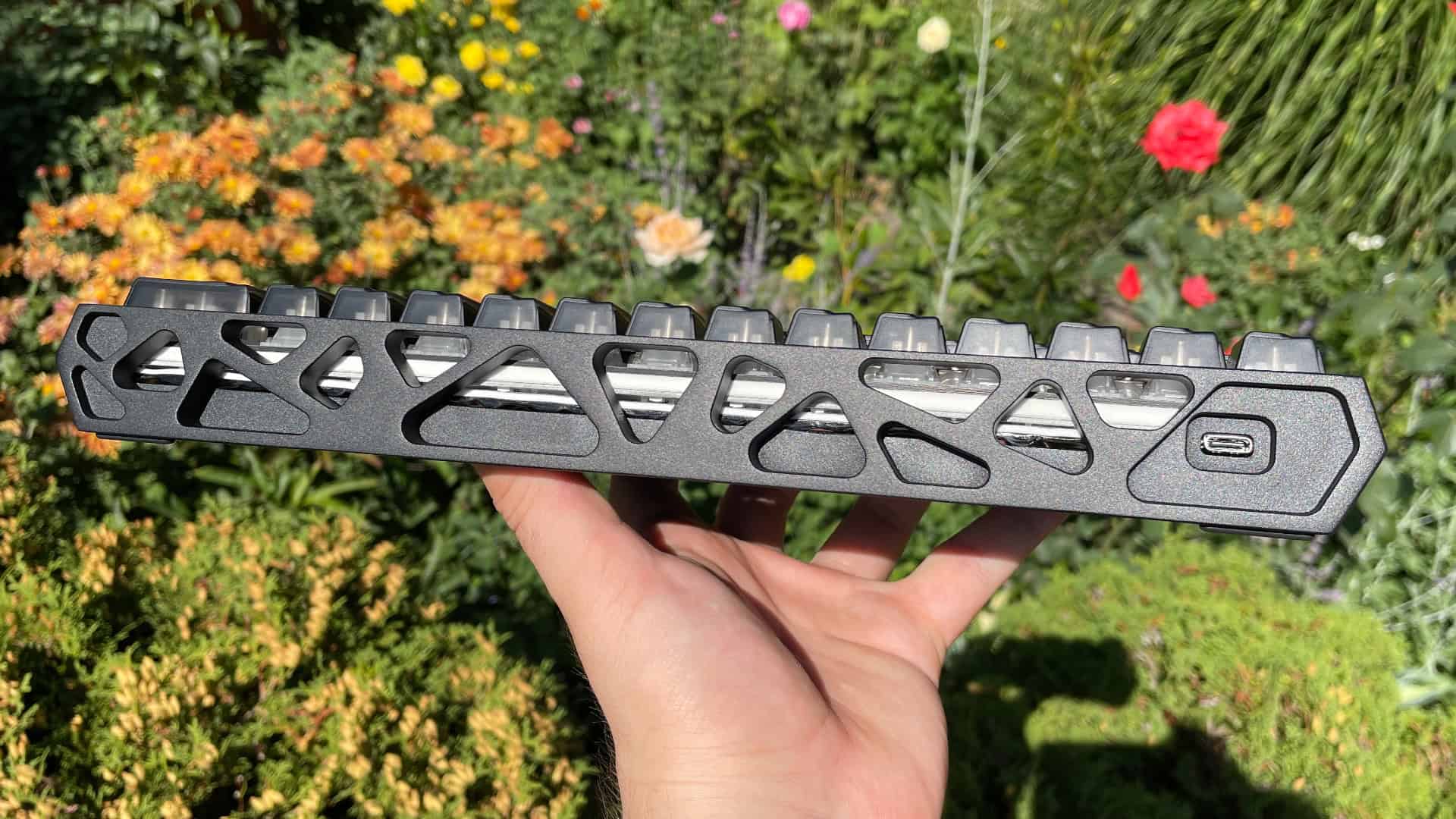 Rear view of the XVX Trooper63 HE keyboard, showing the design and details of the back side.