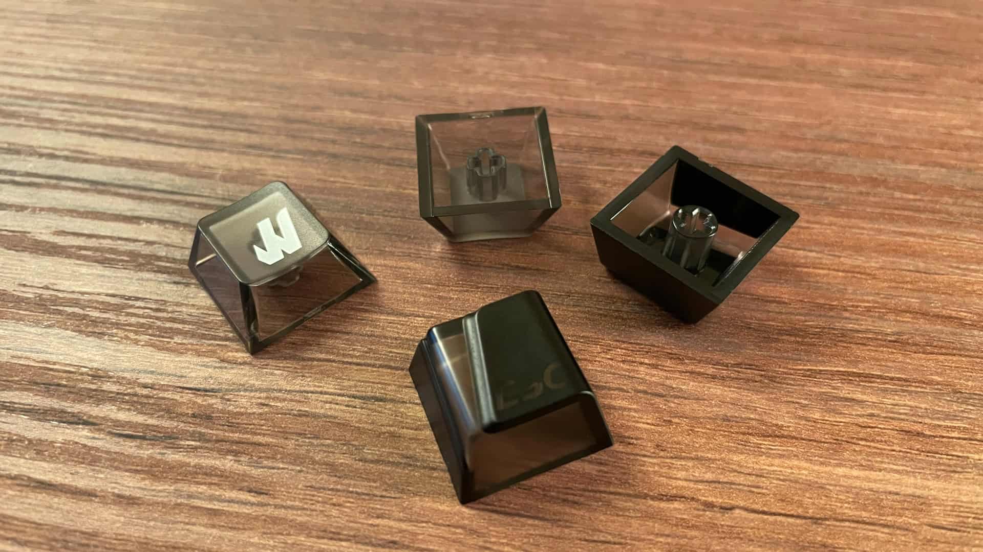 Close-up view of the XVX Wedge PRISM keycaps showing their shape and construction from different angles.
